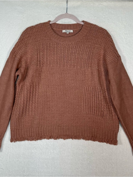 Madewell Sweaters - Madewell Mixed Stitch Sweater M Pink Terracotta Fringed Frayed Hem Crew Boho
